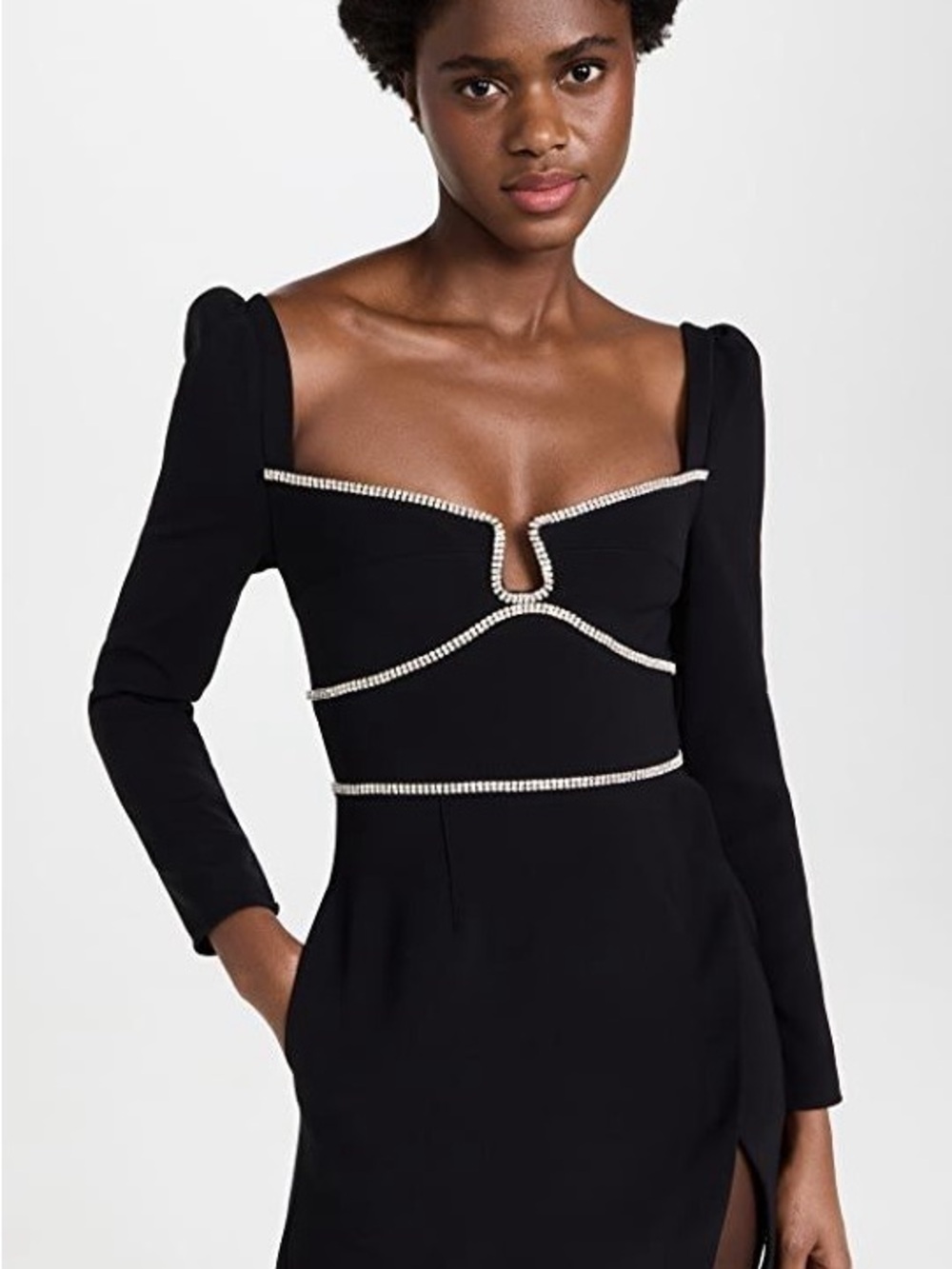 Self-Portrait Black Long-Sleeve Rhinestone-Trim Mini Dress Size 2